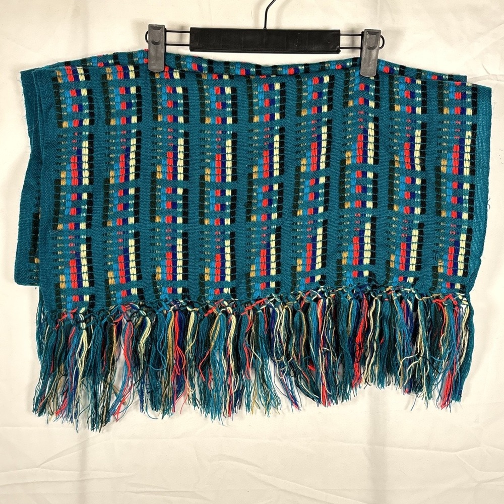 Vintage Geometric Knit Fringe Scarf Teal Red Rectangular Shawl‎ Wrap 22x76